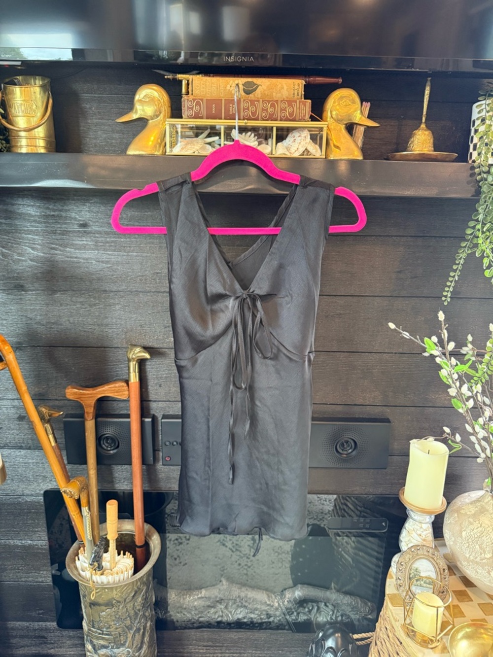 SHEIN Black Satin Tie-Front Tank Top